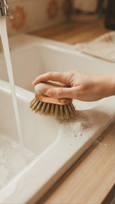 Natural cleaning in action — wiping down a bright kitchen sink